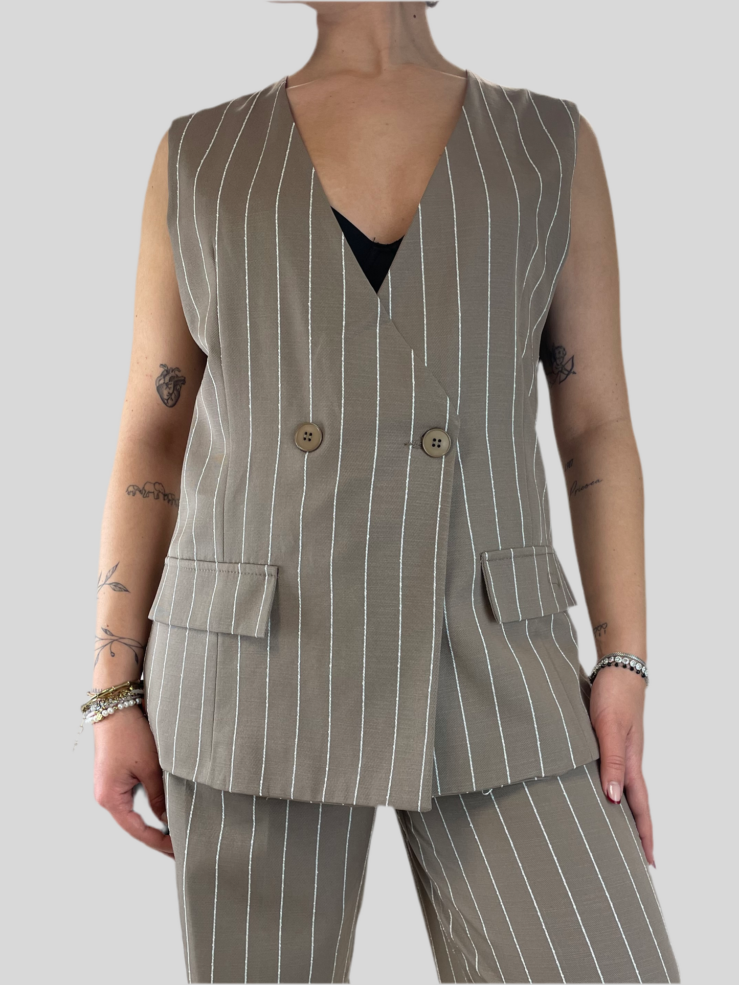 Gilet oversize gessato - in Lyocell e cotone