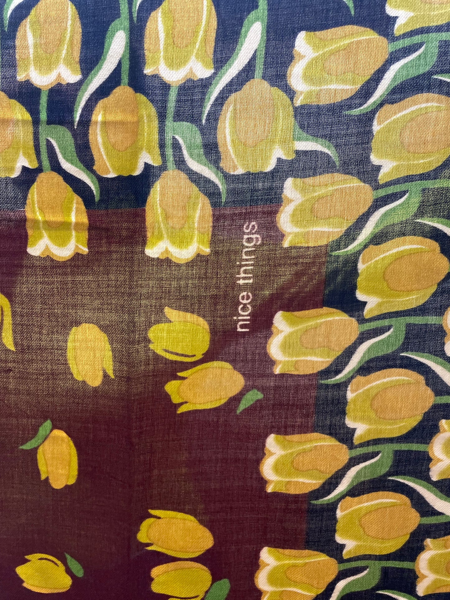 Sciarpa in misto viscosa e lana con stampa Tulips Garden - Marrone Castagna