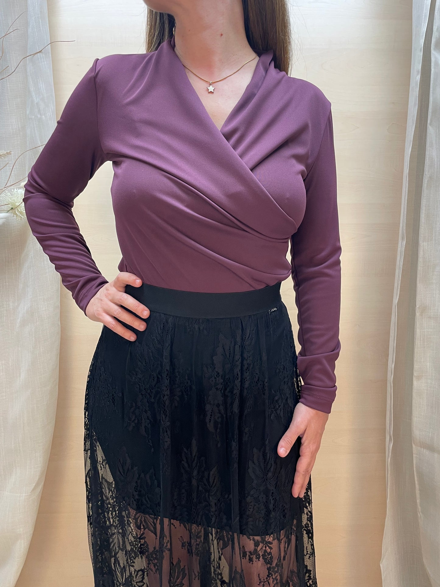 Maglia drappeggiata a maniche lunghe - Burgundy