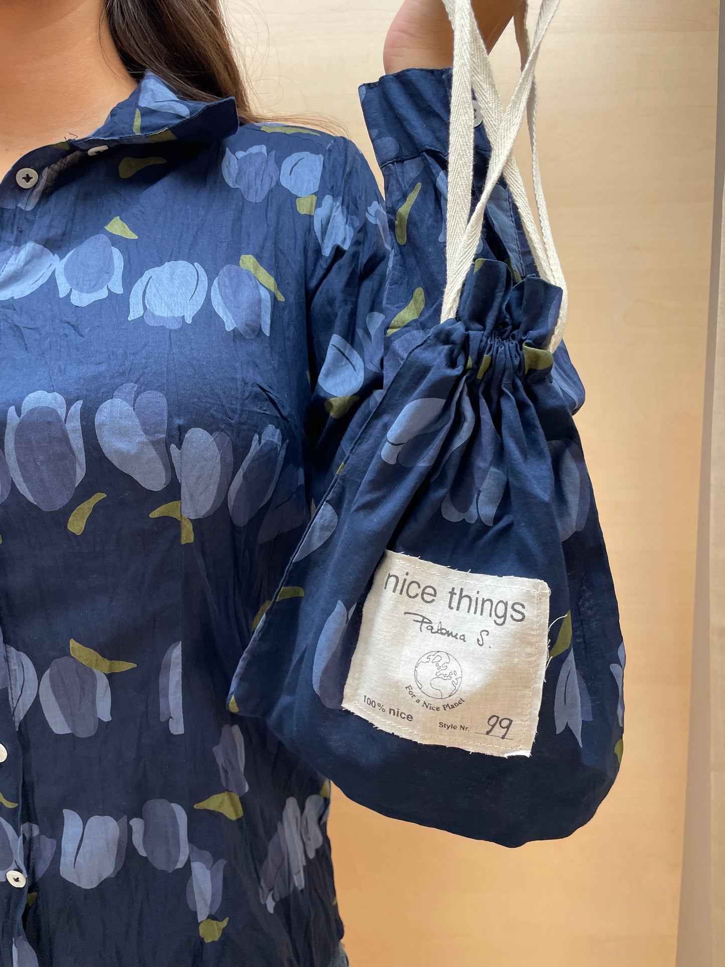 Camicia tulipani base Blu Navy - in cotone bio
