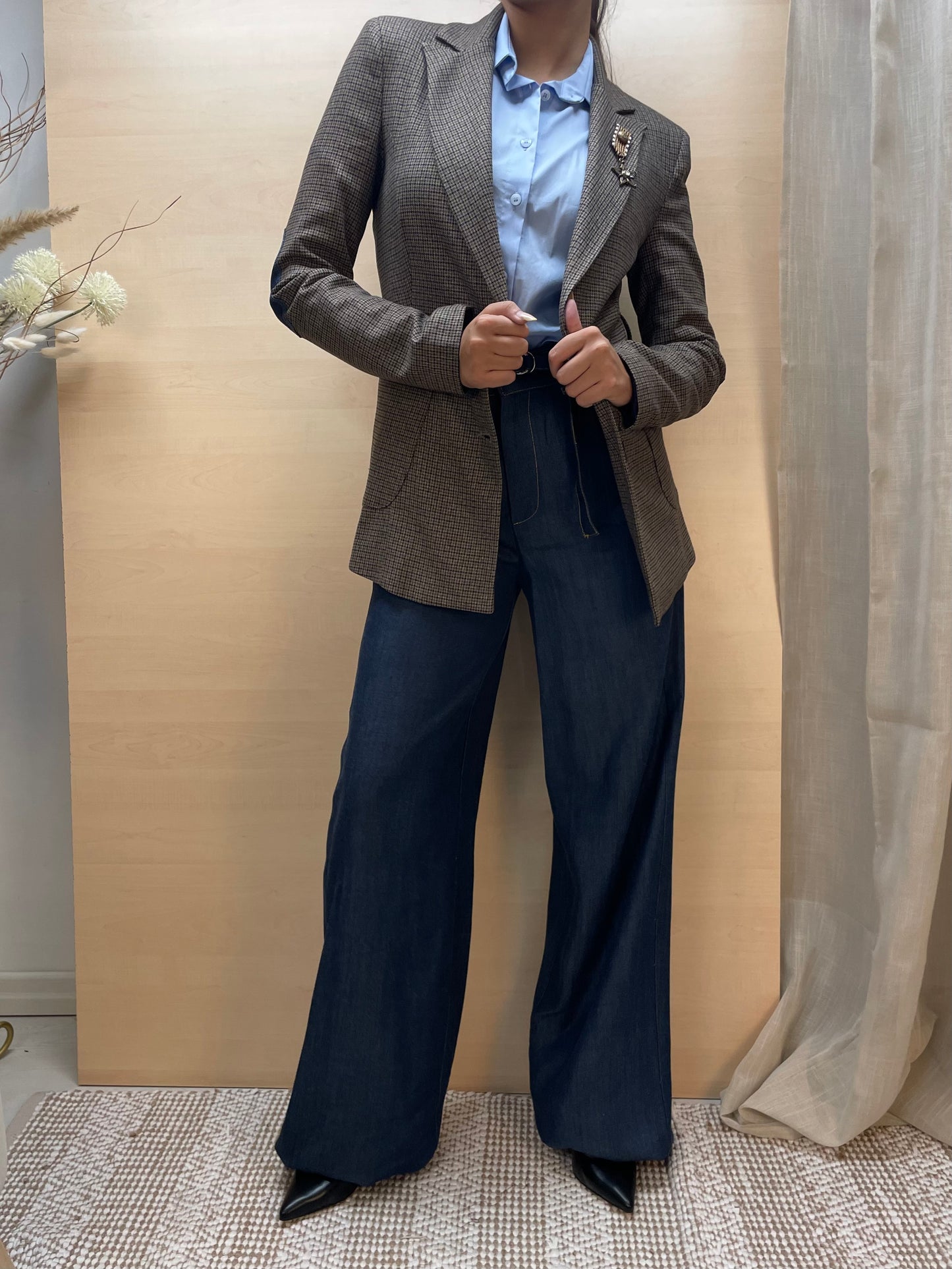Pantalone denim palazzo a vita alta con cintura