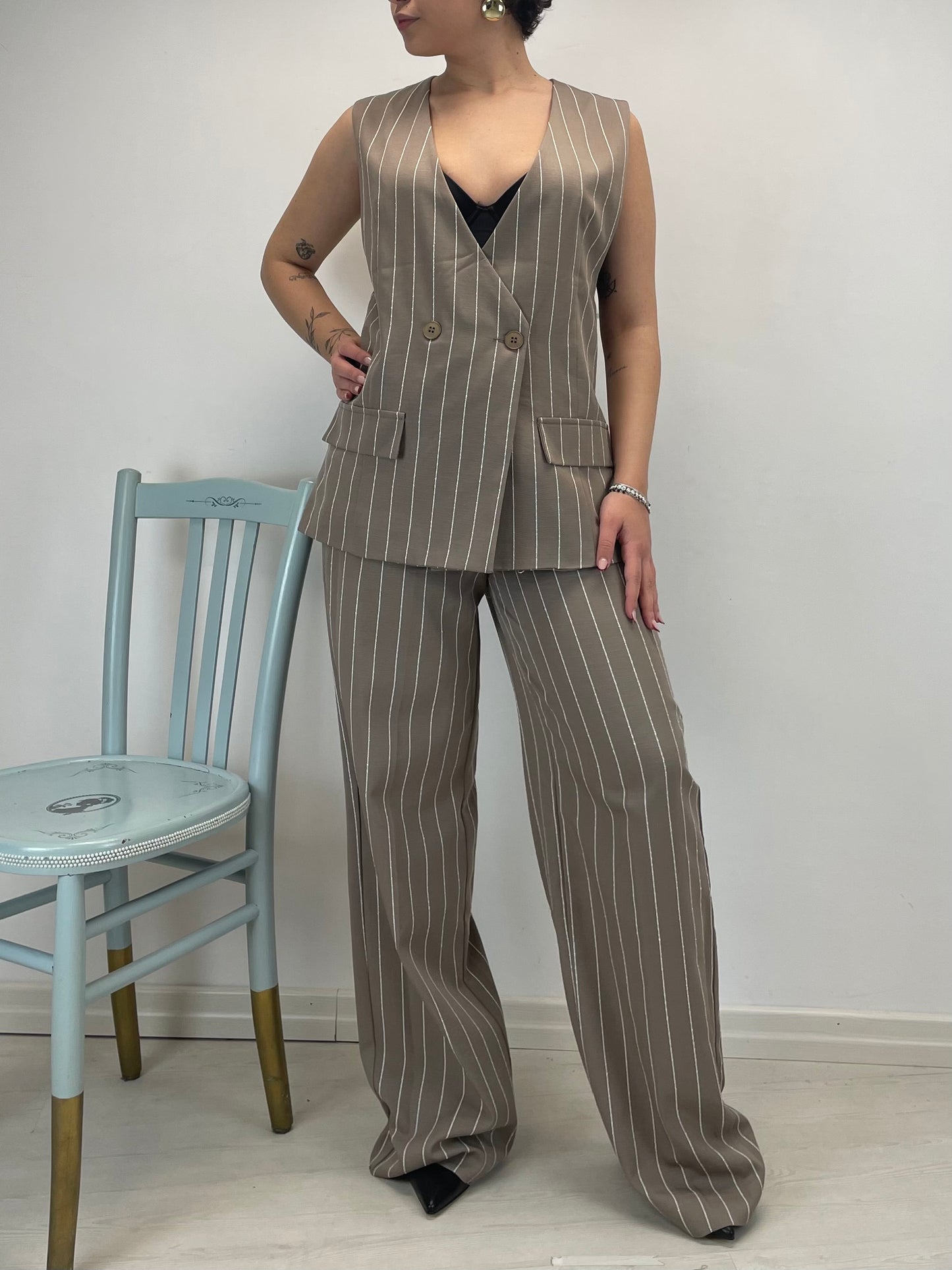 Gilet oversize gessato - in Lyocell e cotone