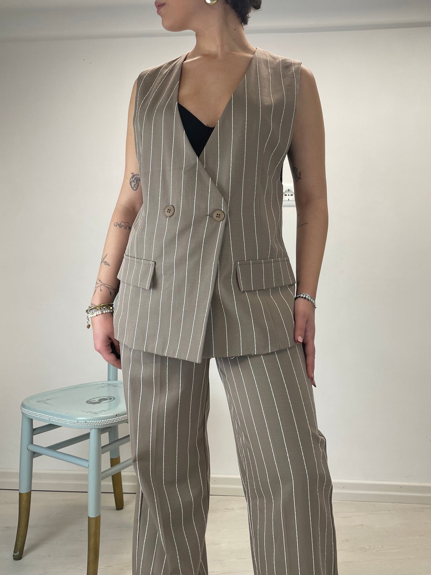 Gilet oversize gessato - in Lyocell e cotone