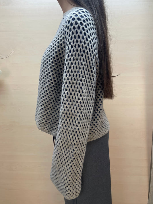 Maglione over traforata doppiata base blu e beige - in cashmere