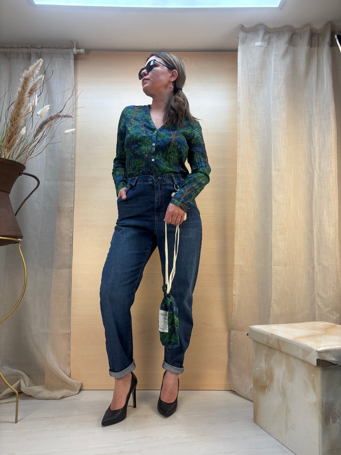 Camicia no stiro fantasia pini mediterranei - cotone bio