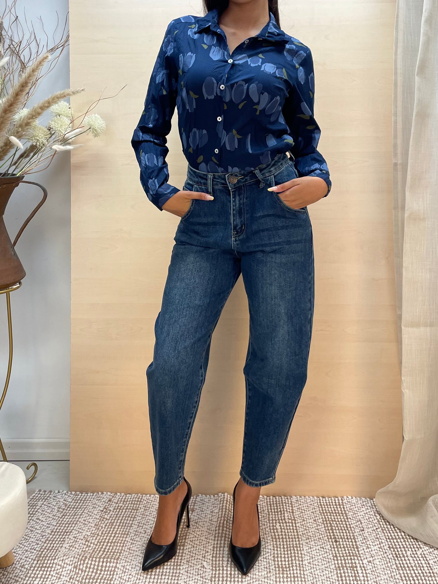 Camicia tulipani base Blu Navy - in cotone bio