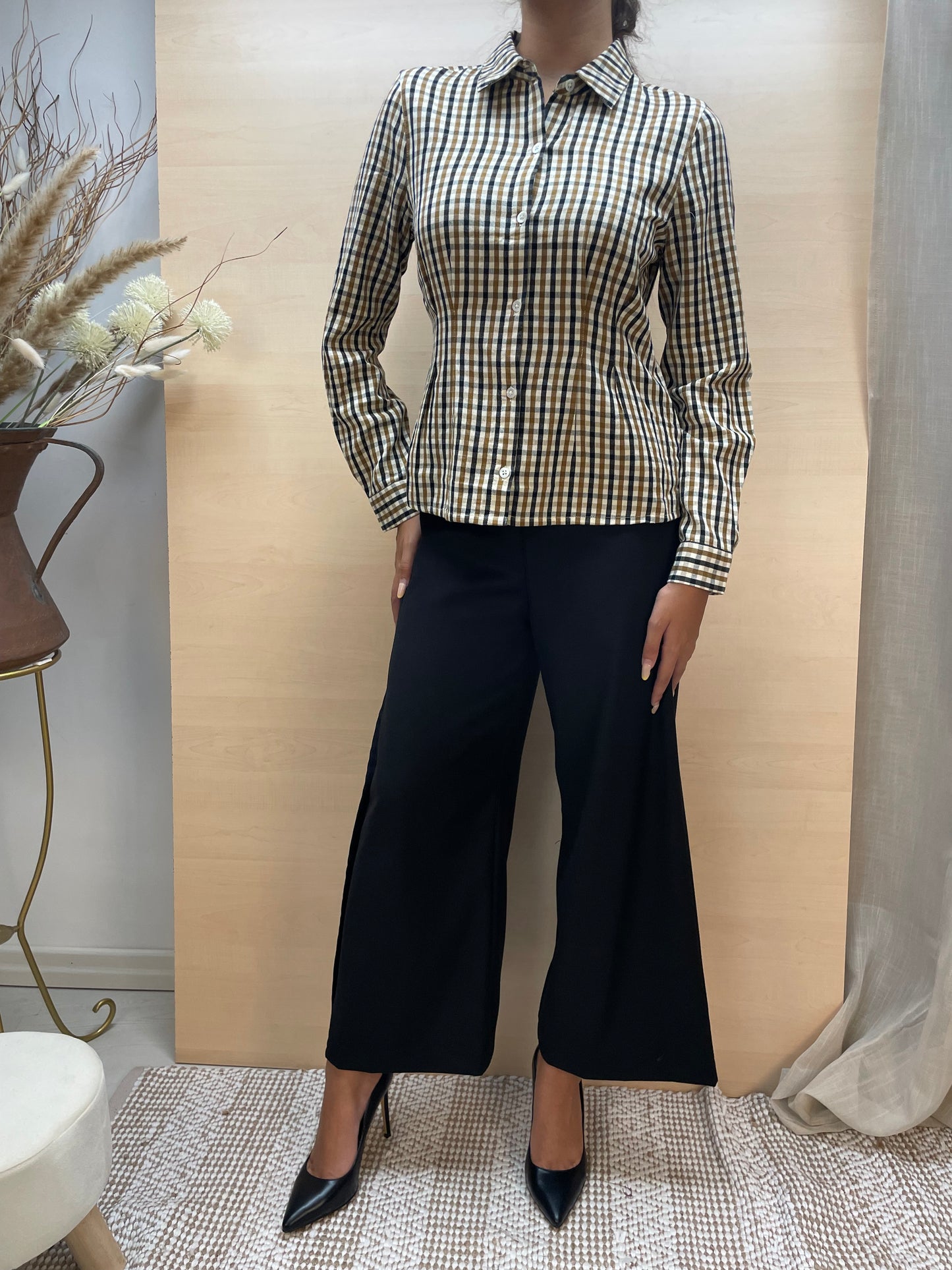 Camicia a quadri con dettagli pieghe - in cotone bio