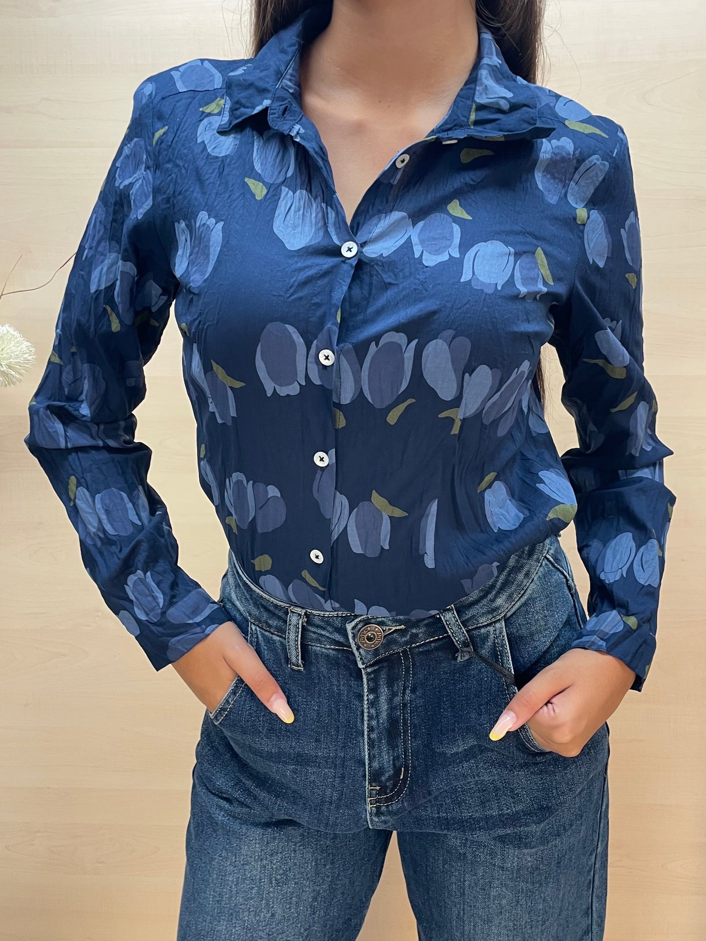 Camicia tulipani base Blu Navy - in cotone bio