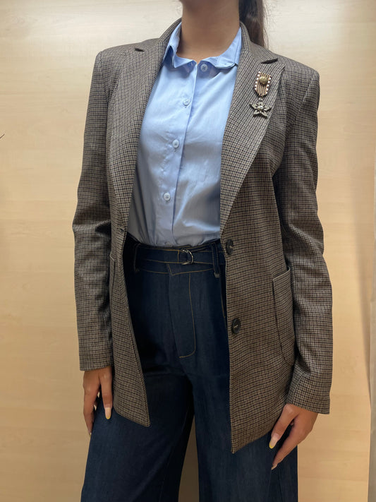 Blazer pied de poul con bottoni e spilla rimovibile - con cintura