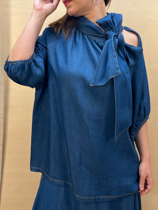 Blusa Donna PHARD in Chambray con Fiocco – Blu Denim Medio