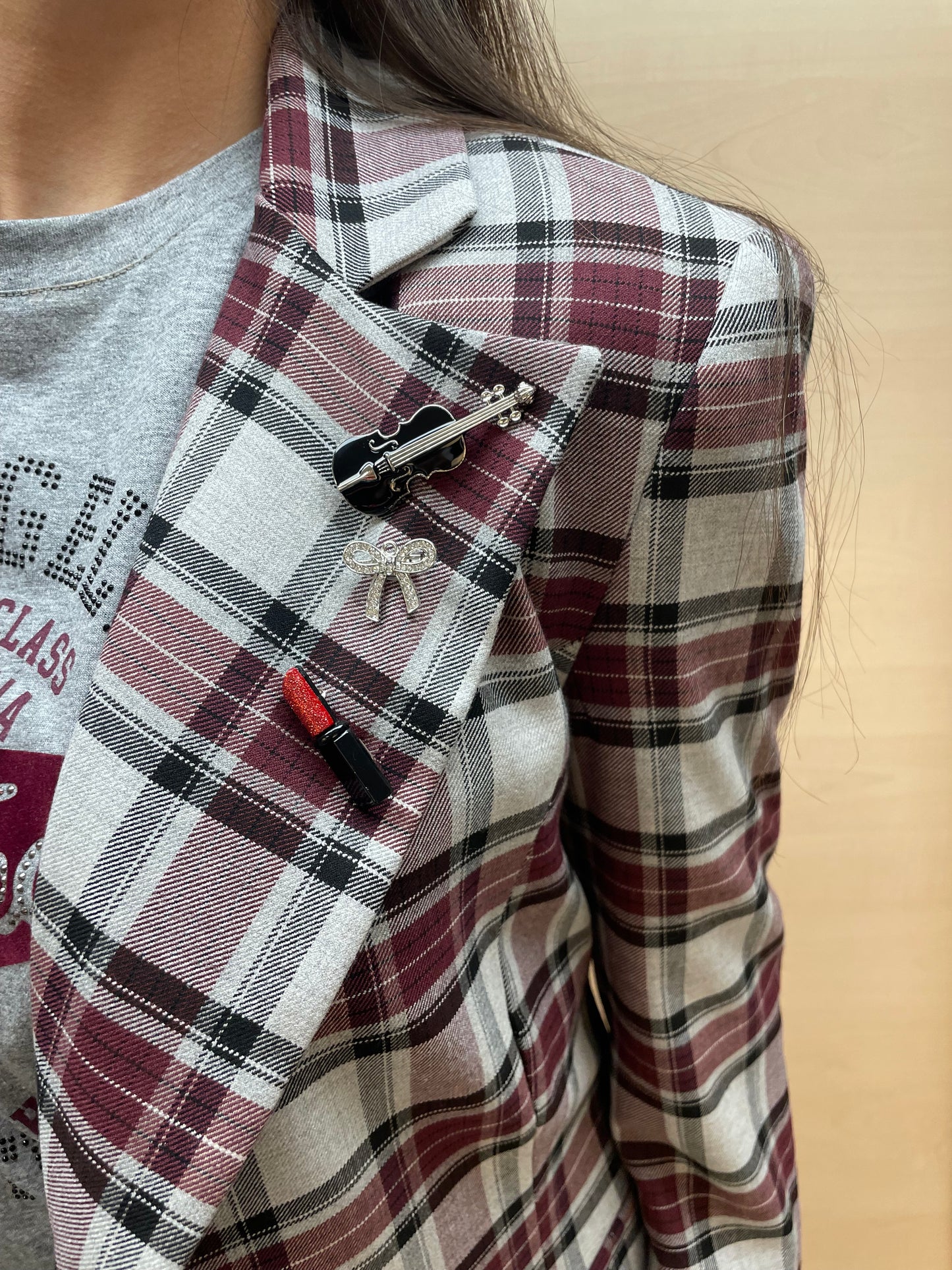 Giacca a quadri burgundy e grigio - con spille removibili