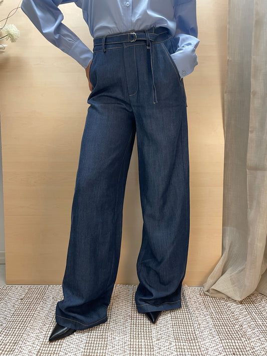Pantalone denim palazzo a vita alta con cintura