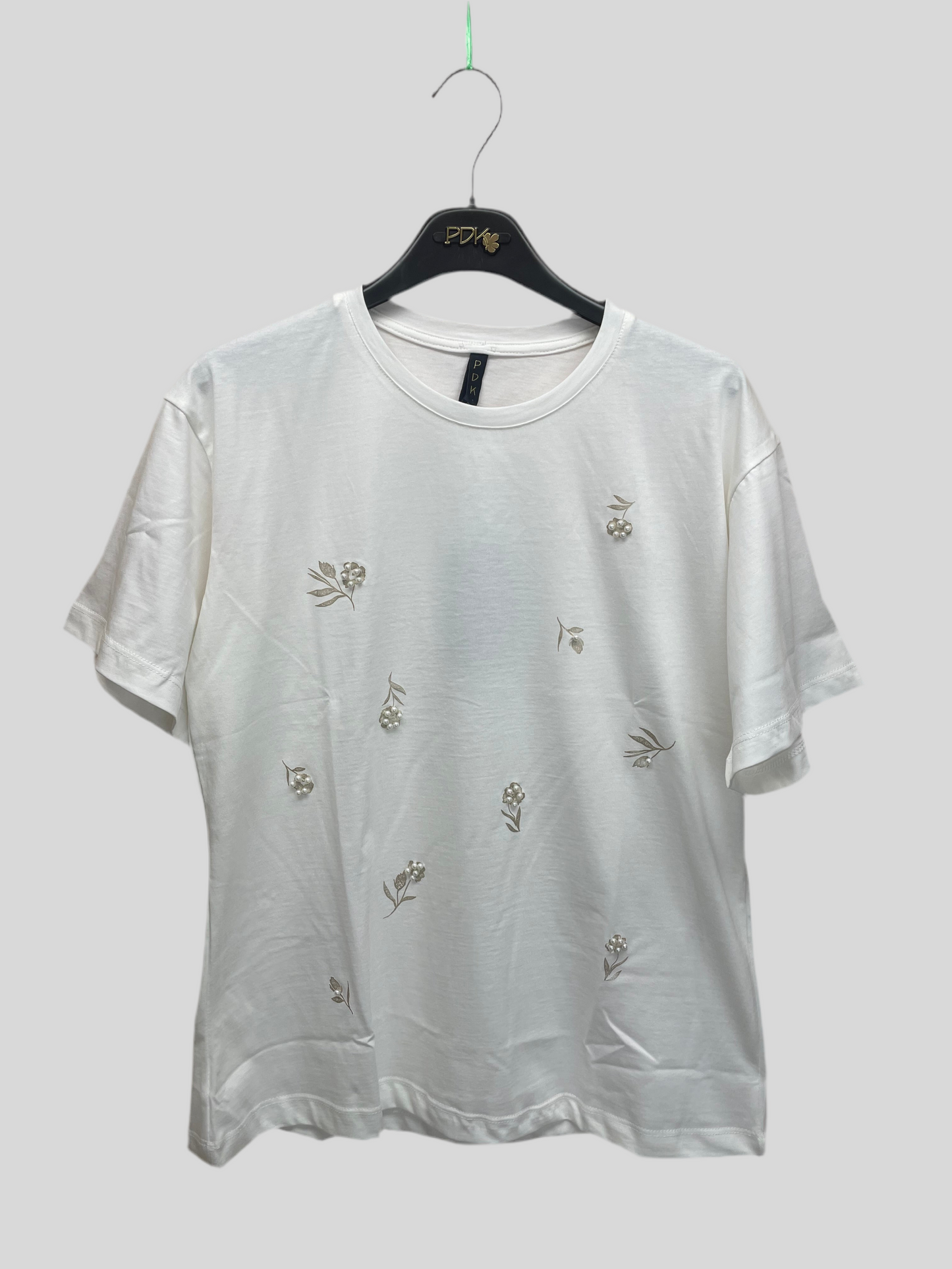 T-shirt panna con dettagli dorati e perle - in cotone
