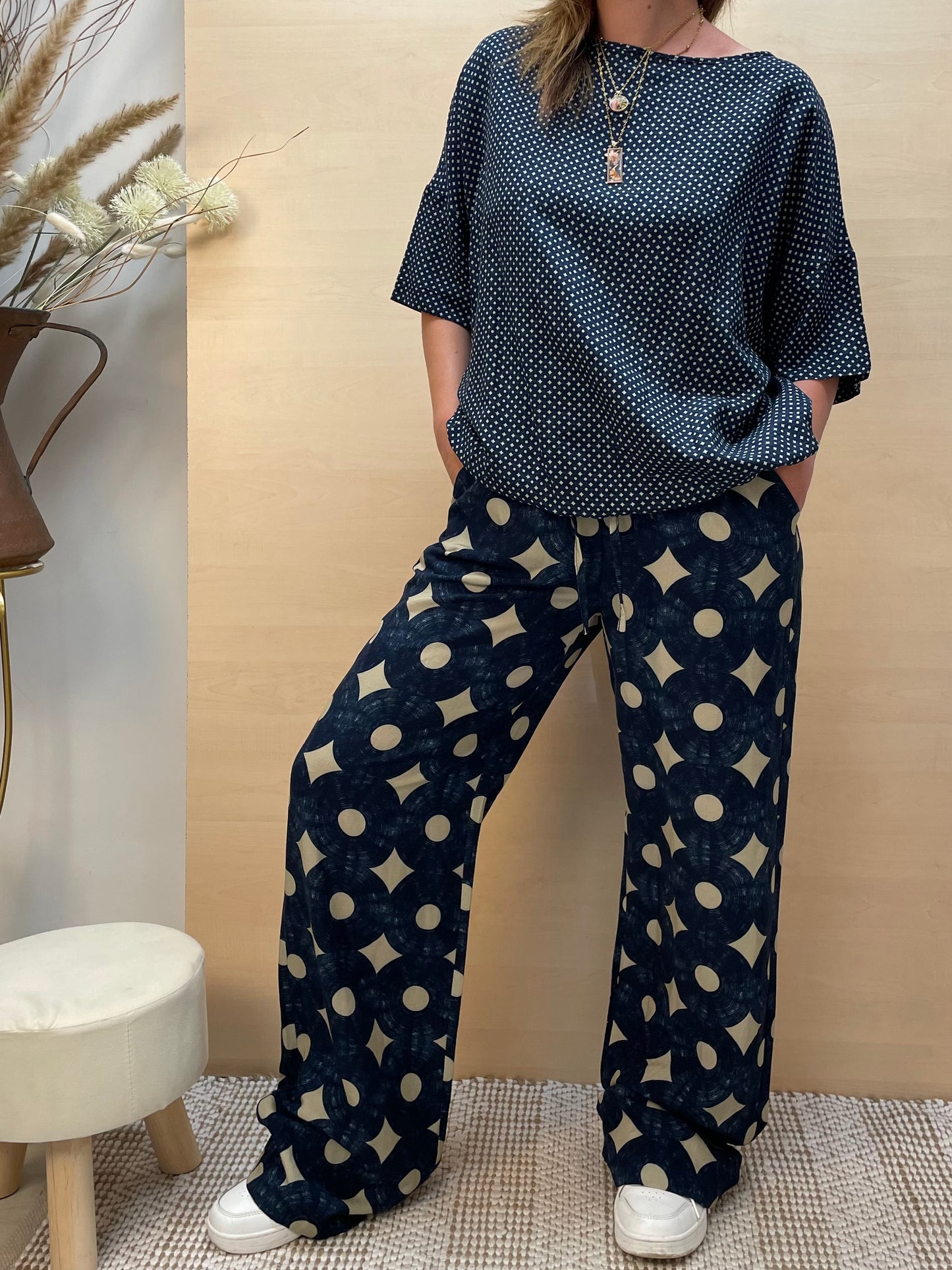 Blusa manica 3/4 in stampa blu - in viscosa e lino