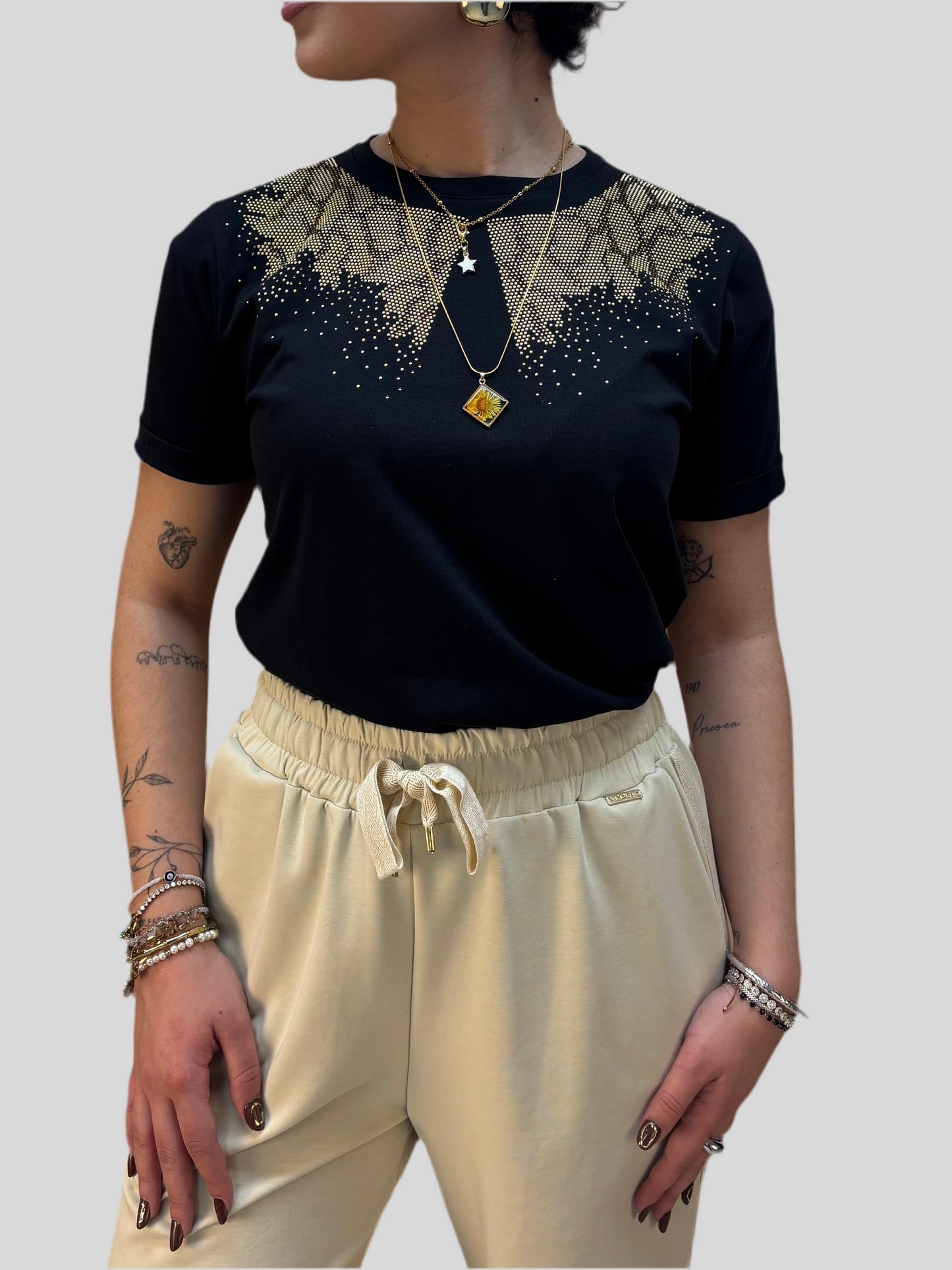 T-shirt con strass dorati - in cotone