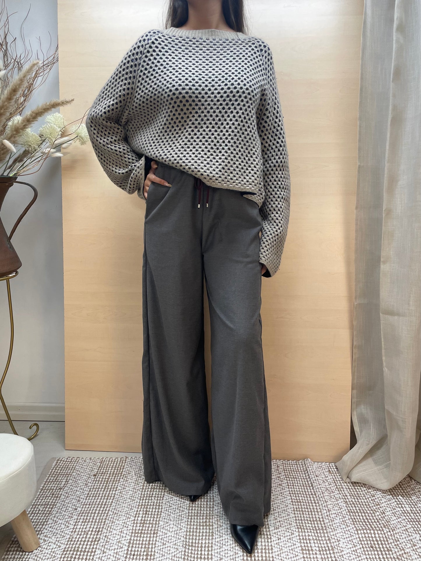 Pantalone palazzo grigio cenere vita alta regolabile