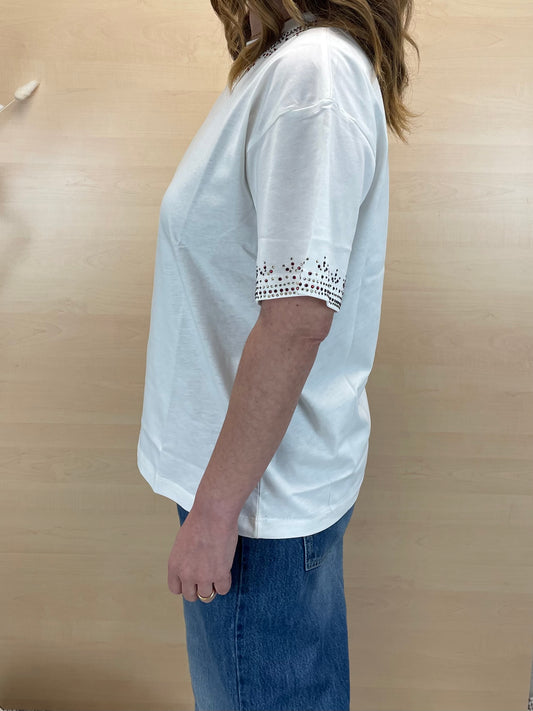 T-shirt panna con strass rossi- in cotone