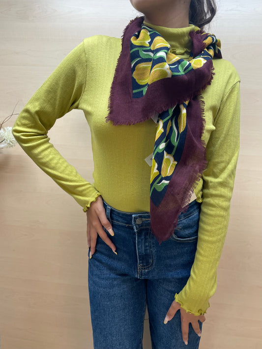 Sciarpa in misto viscosa e lana con stampa Tulips Garden - Marrone Castagna