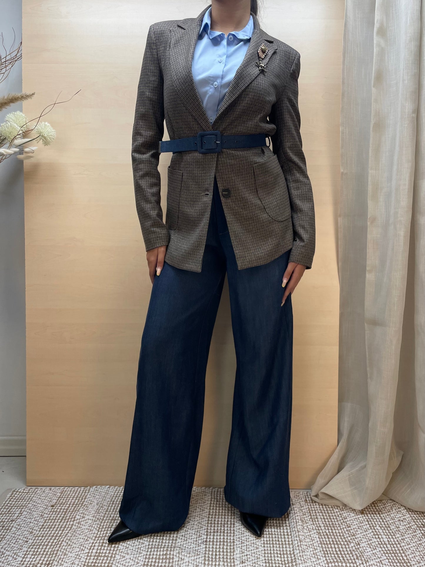 Blazer pied de poul con bottoni e spilla rimovibile - con cintura