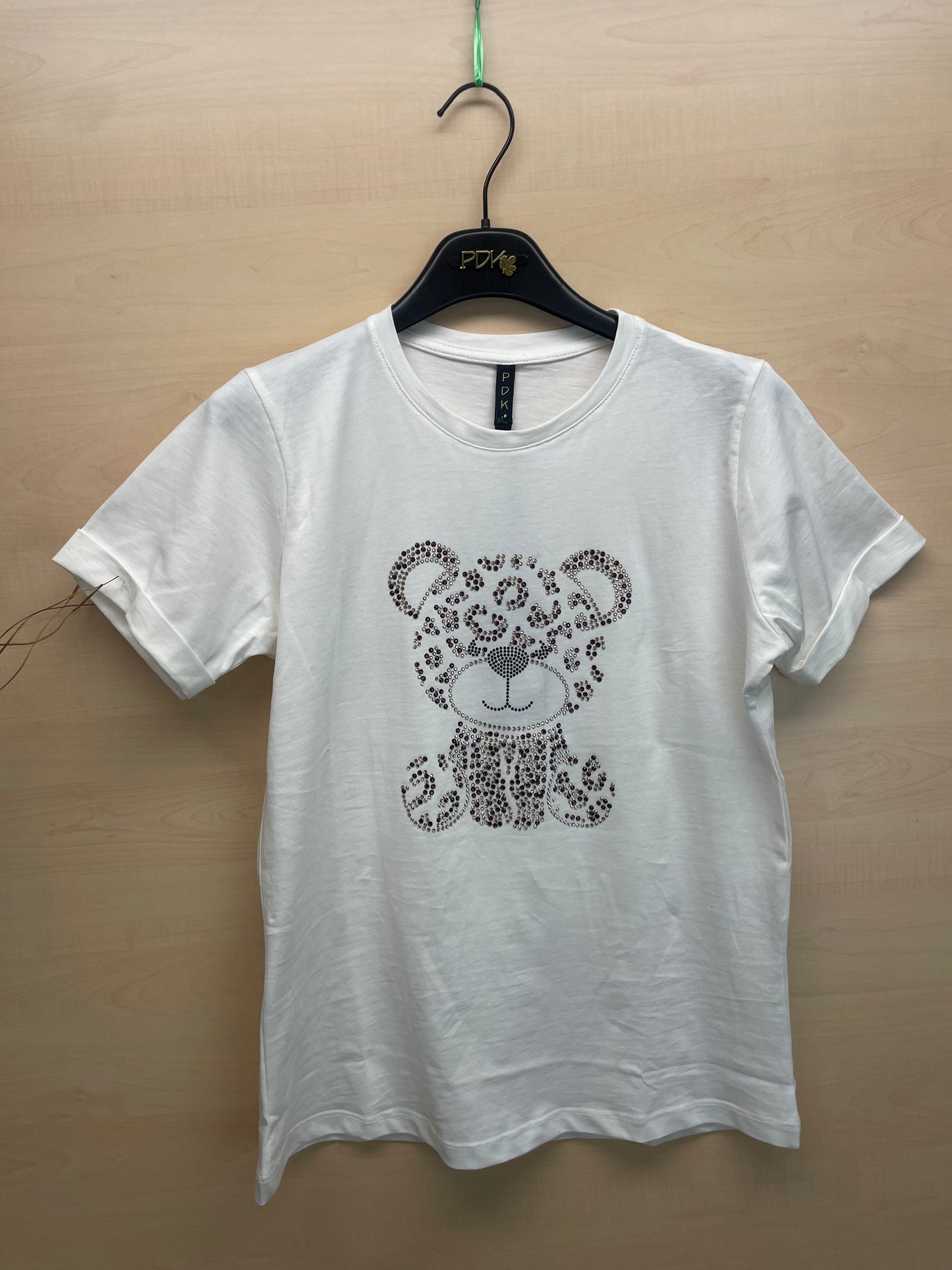 T-shirt bianca con orsetto in strass - in cotone