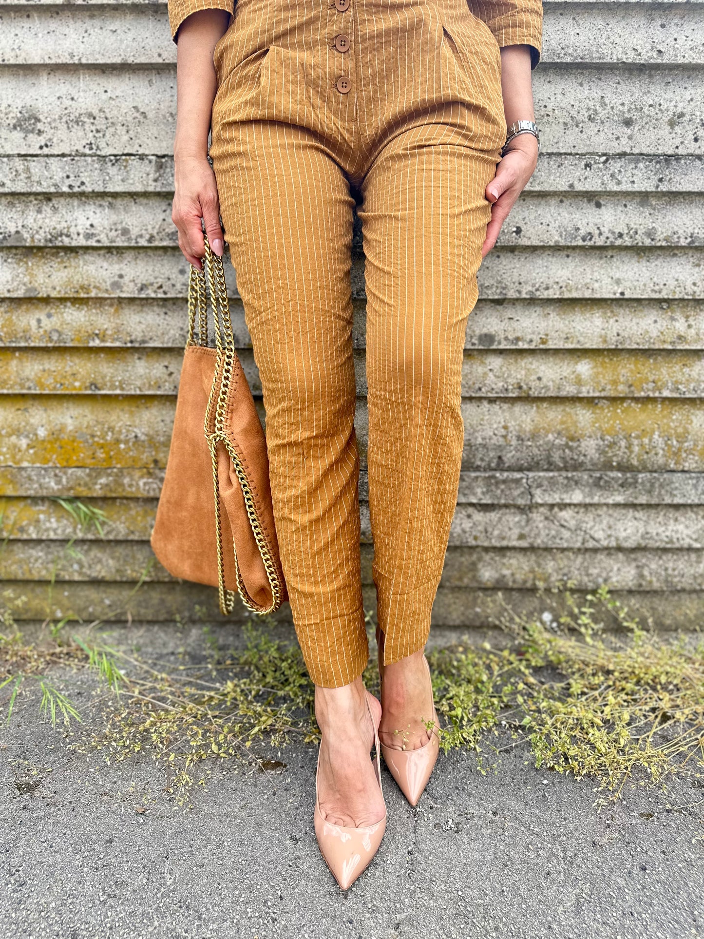 Pantalone a righe senape