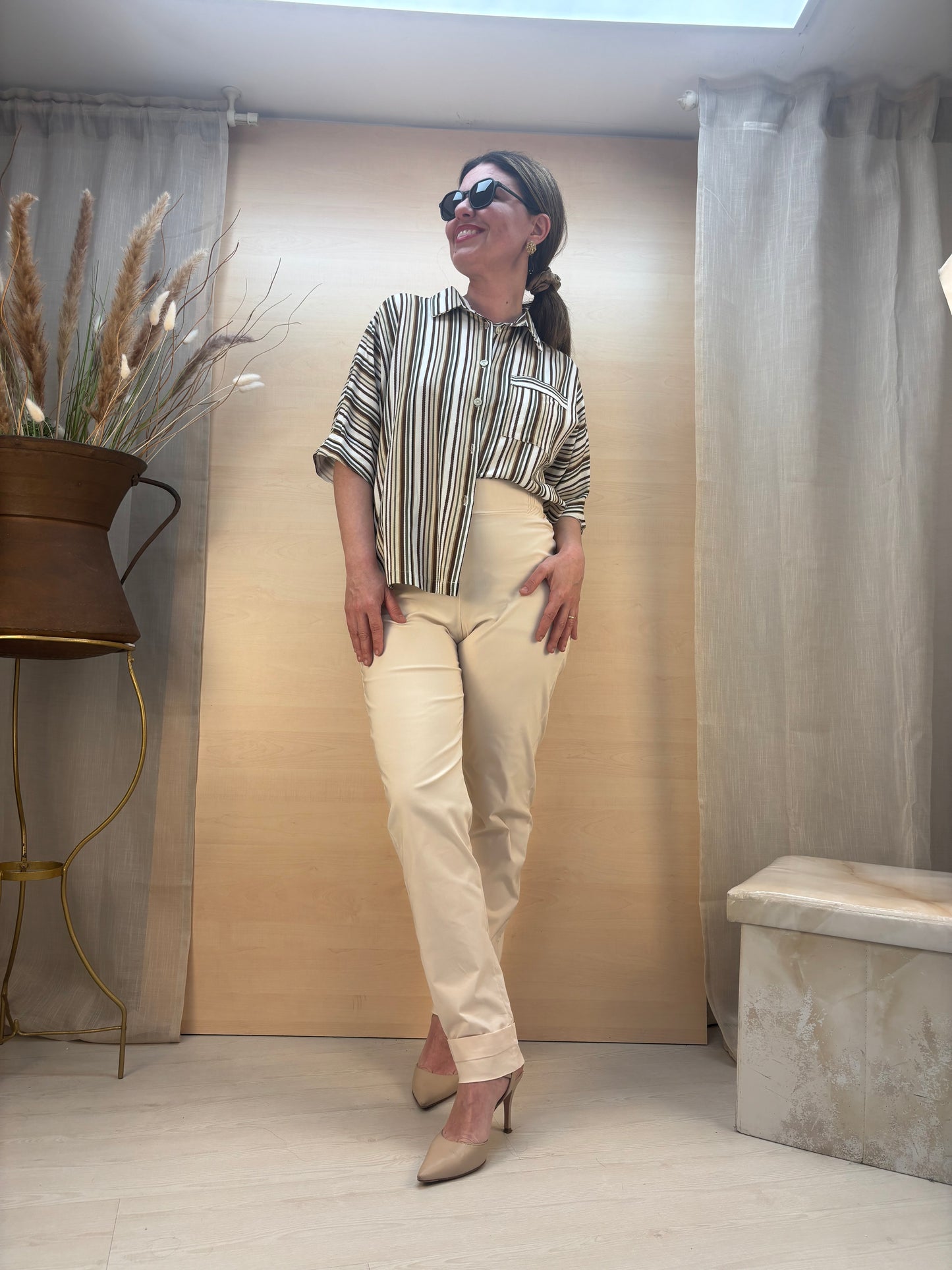 Camicia a Righe in Viscosa e Lino-KARMA-Made in Italy