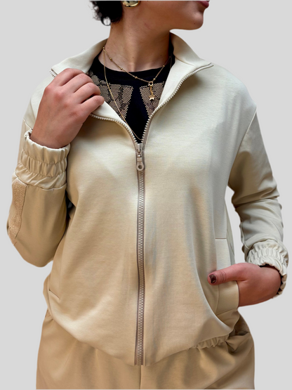 Felpa con zip e lurex - in poliestere GRS e viscosa col. Burro