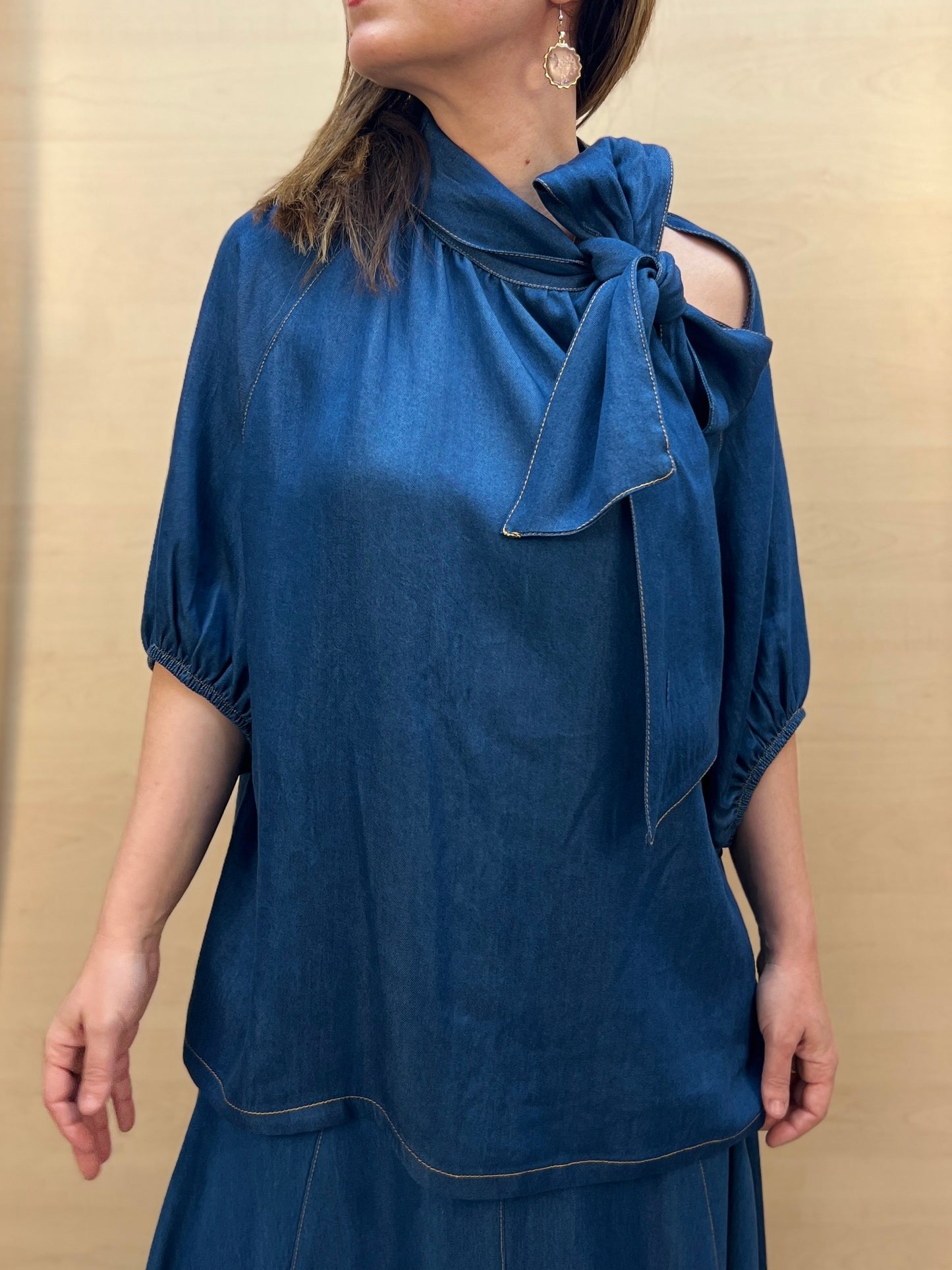 Blusa Donna PHARD in Chambray con Fiocco – Blu Denim Medio