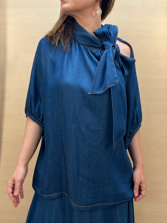 Blusa Donna PHARD in Chambray con Fiocco – Blu Denim Medio