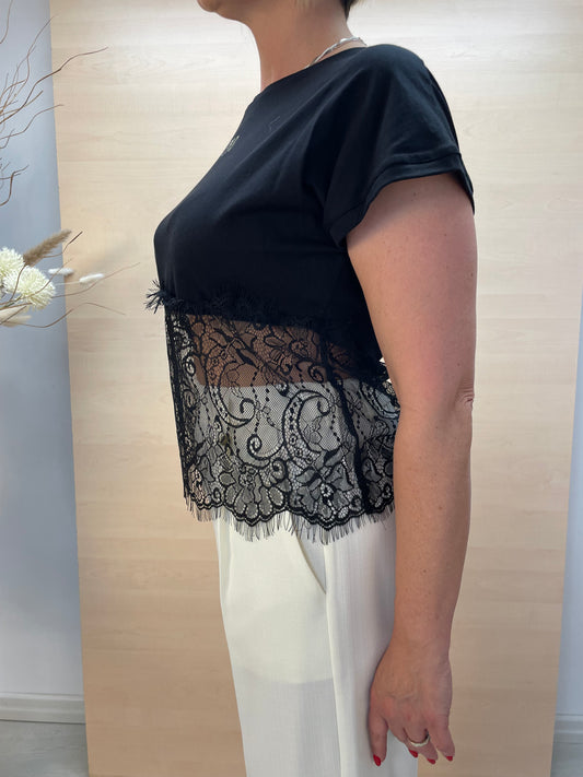 Maglia nera in cotone e pizzo
