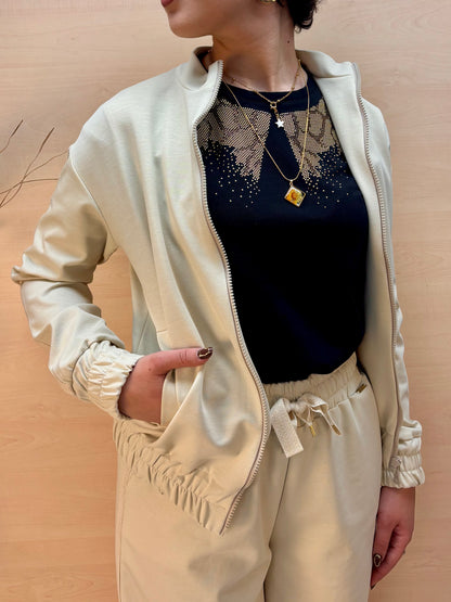 Felpa con zip e lurex - in poliestere GRS e viscosa col. Burro