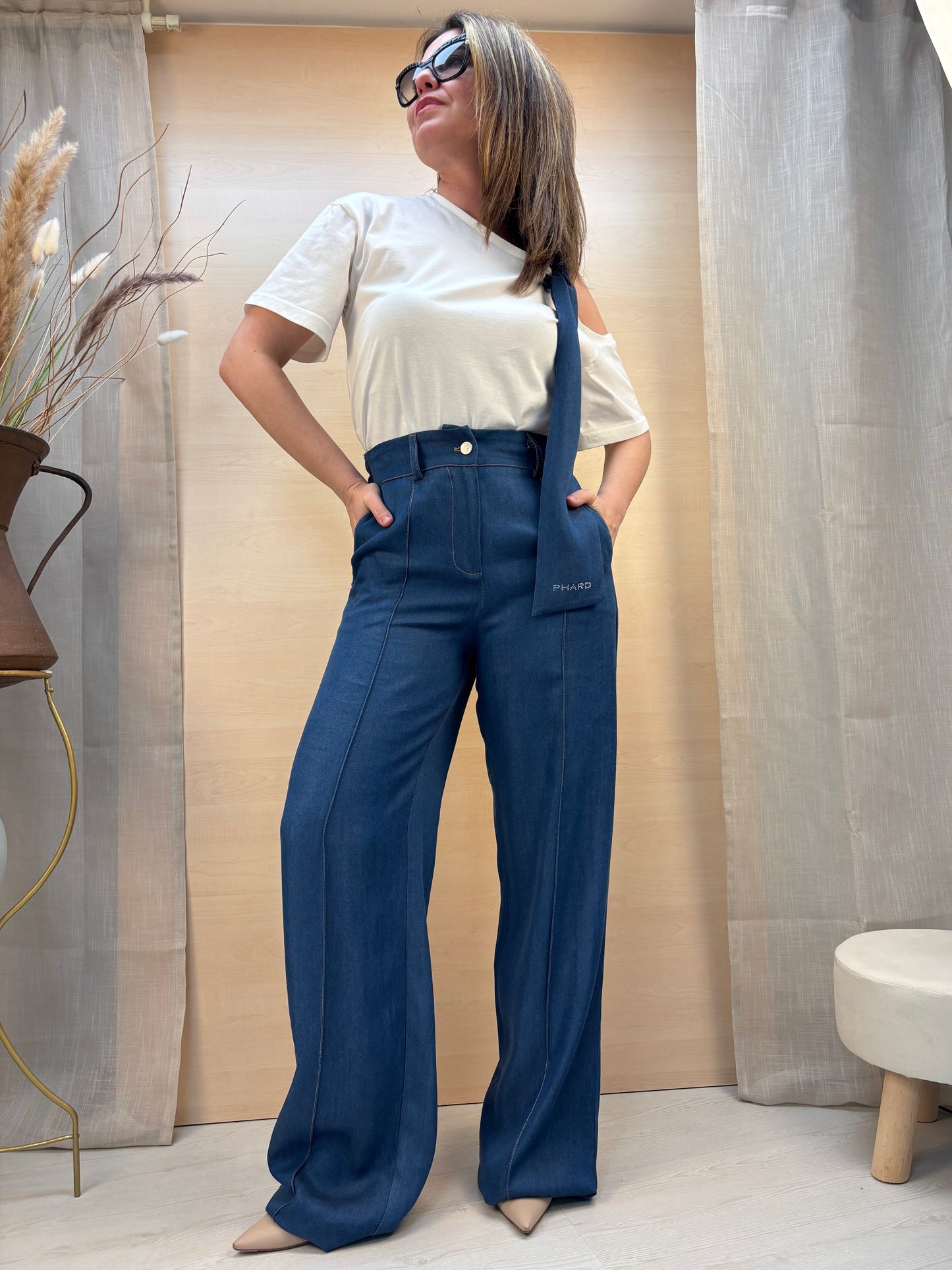 Pantalone Palazzo Donna PHARD in Chambray – Blu Denim Medio