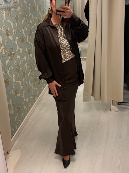 Camicia lunga in tessuto cangiante – Moka