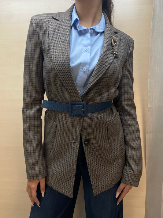 Blazer pied de poul con bottoni e spilla rimovibile - con cintura