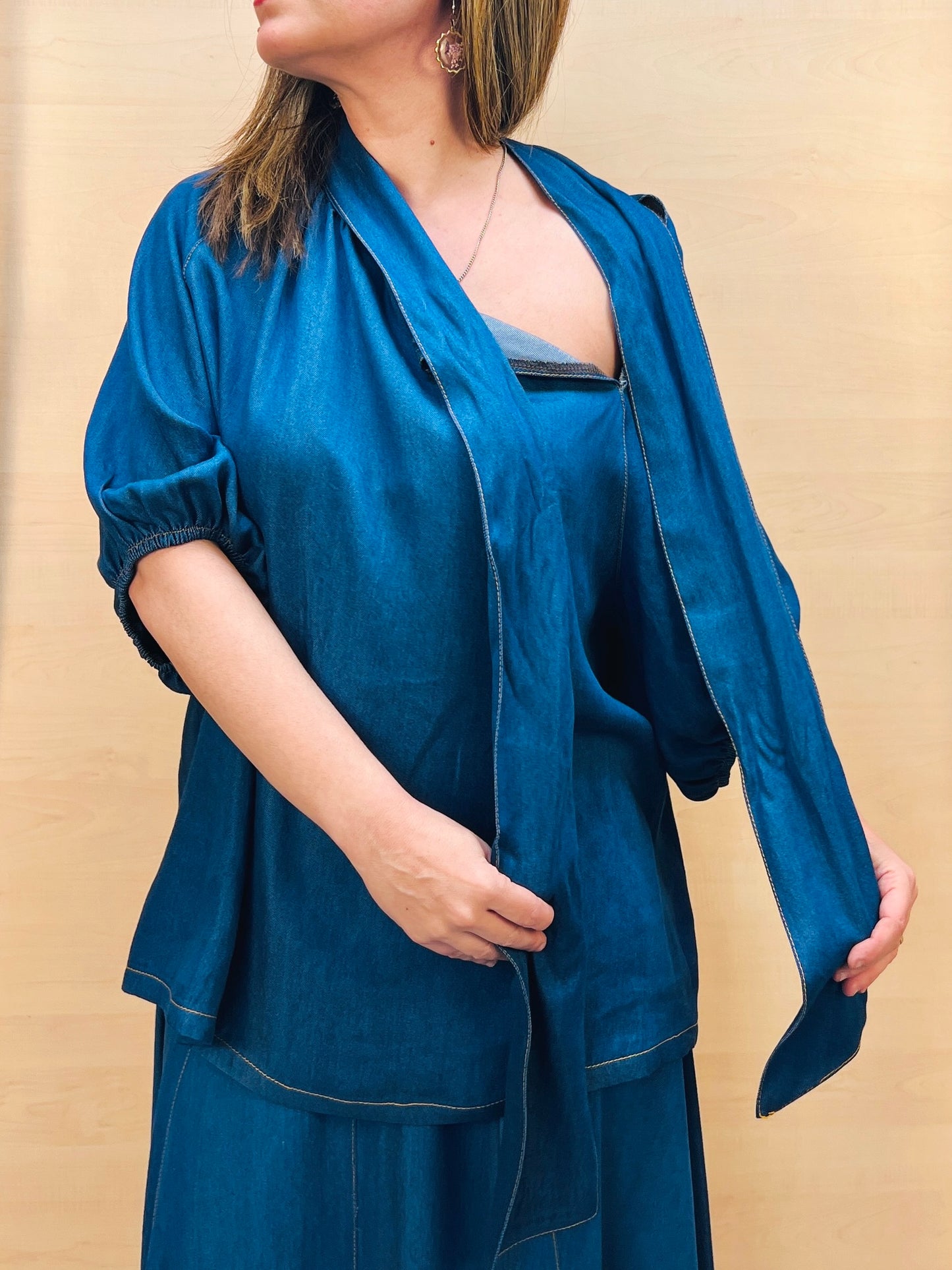 Blusa Donna PHARD in Chambray con Fiocco – Blu Denim Medio