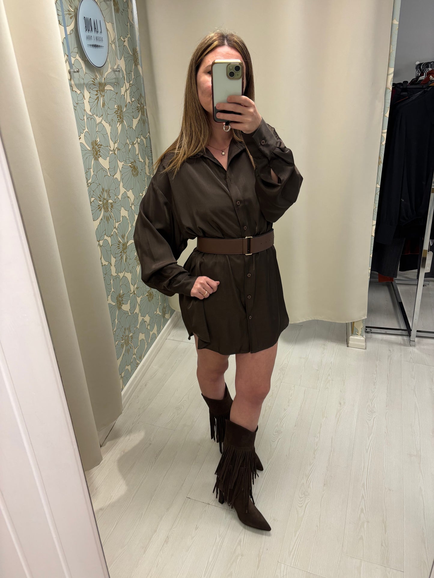 Camicia lunga in tessuto cangiante – Moka