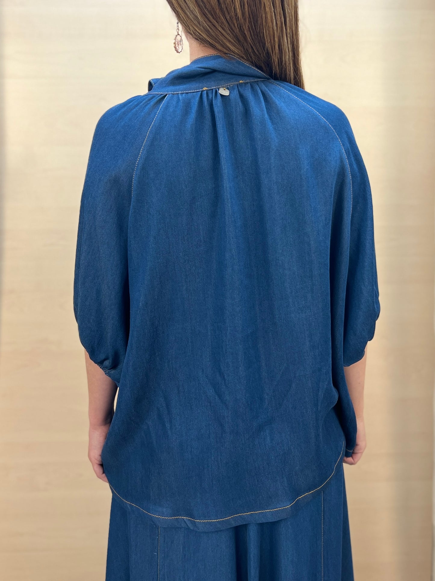 Blusa Donna PHARD in Chambray con Fiocco – Blu Denim Medio