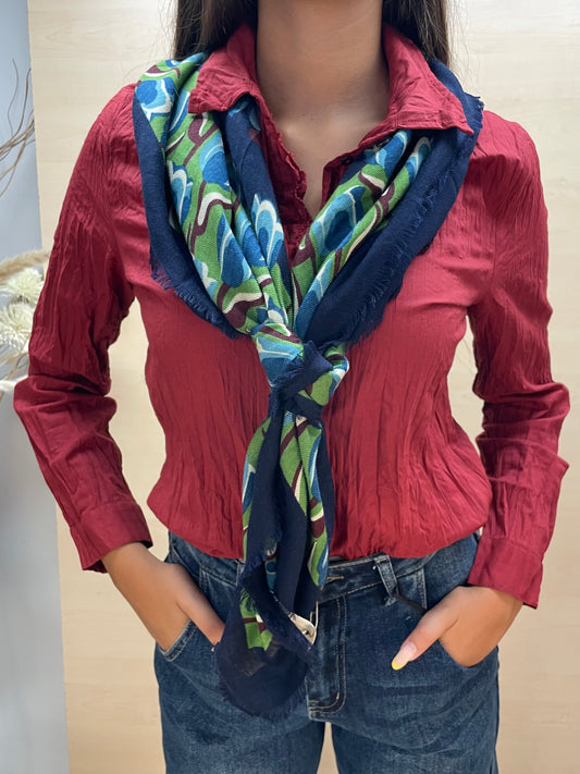 Sciarpa in misto viscosa e lana con stampa Tulips Garden - Blu navy