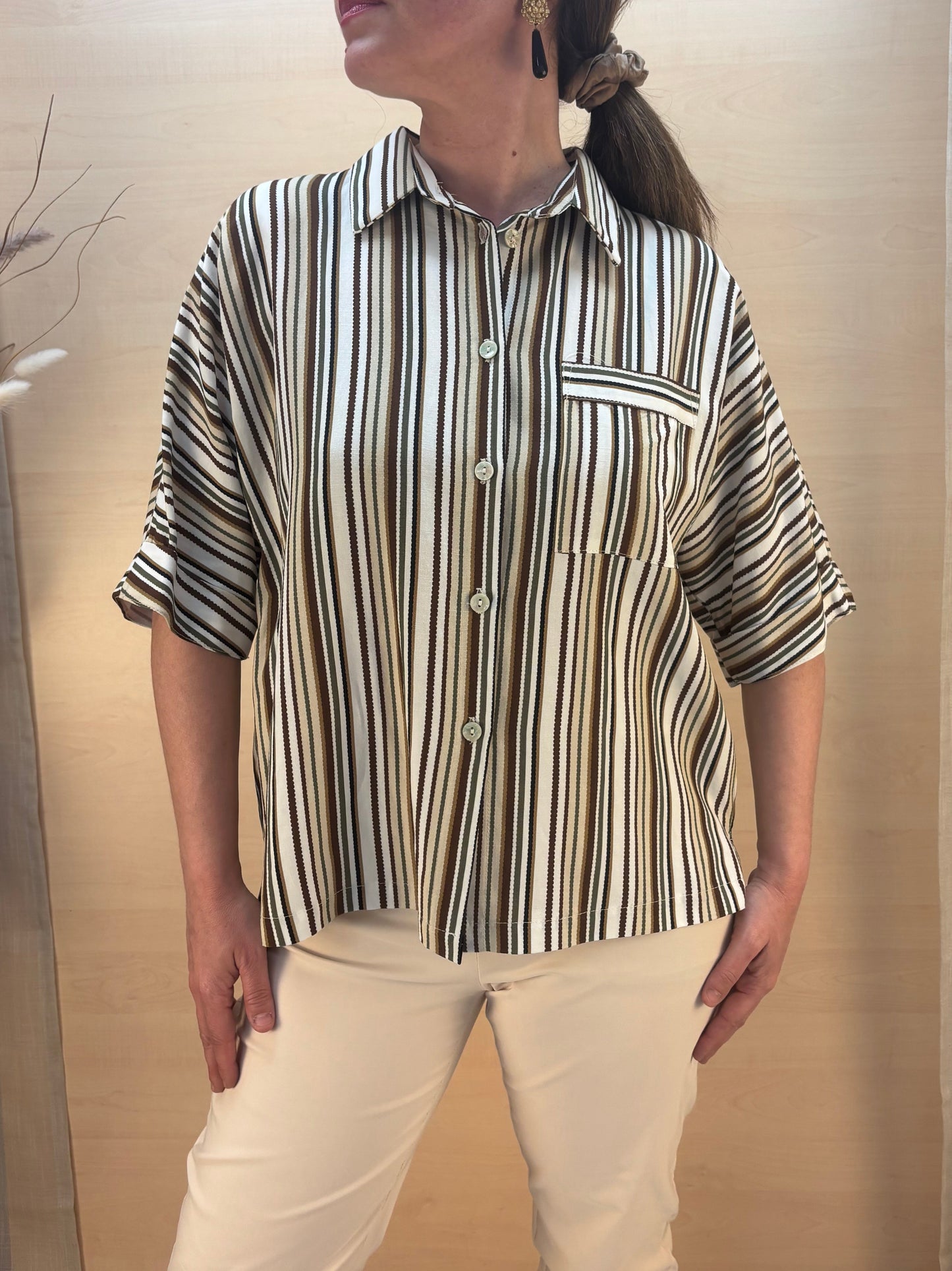 Camicia a Righe in Viscosa e Lino-KARMA-Made in Italy