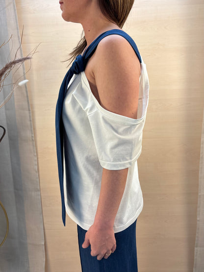 T-Shirt Donna PHARD con Nodo Cravatta in Chambray – Bianca