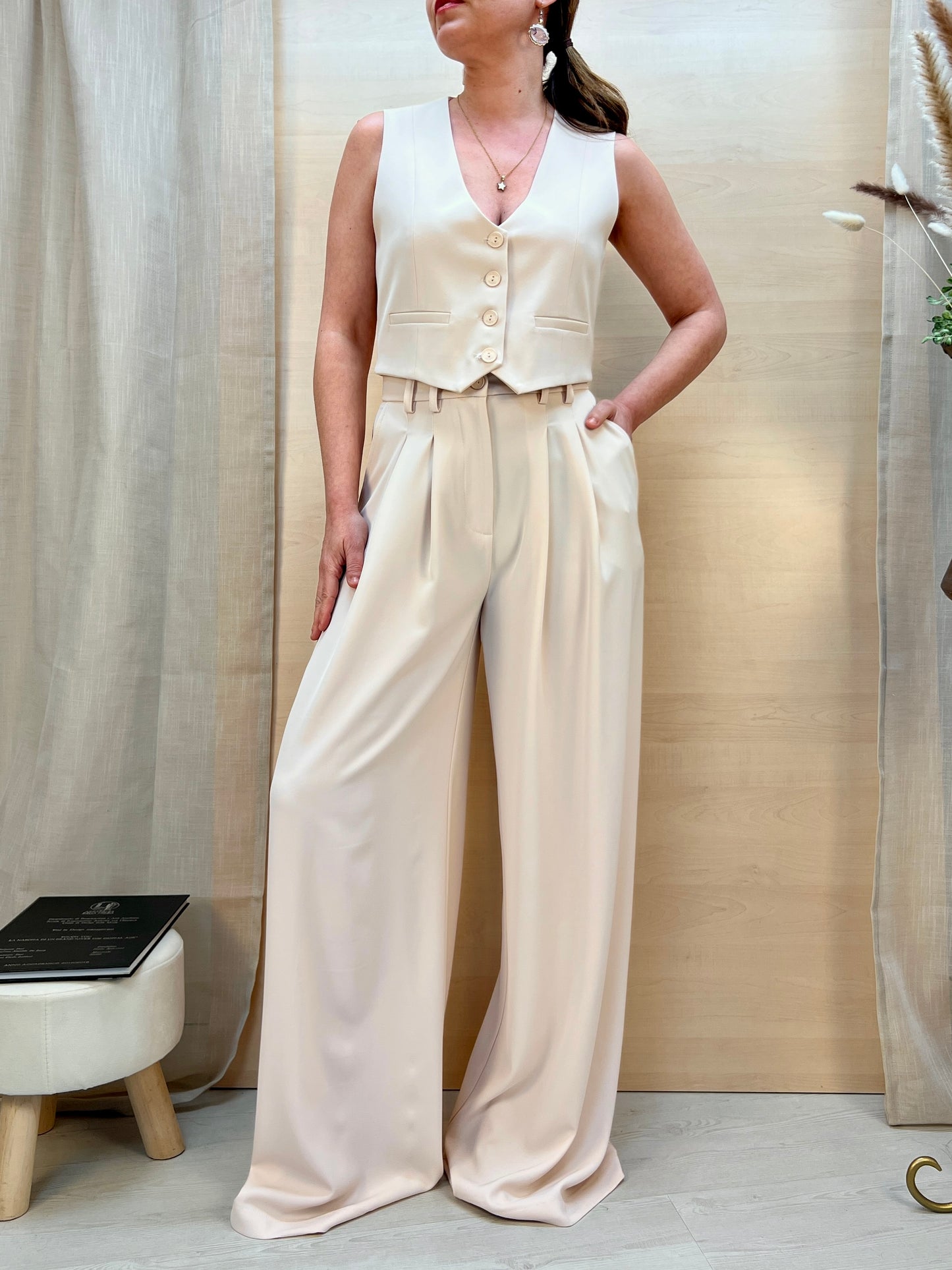 Pantalone palazzo fluido col. Gesso – Made in Italy