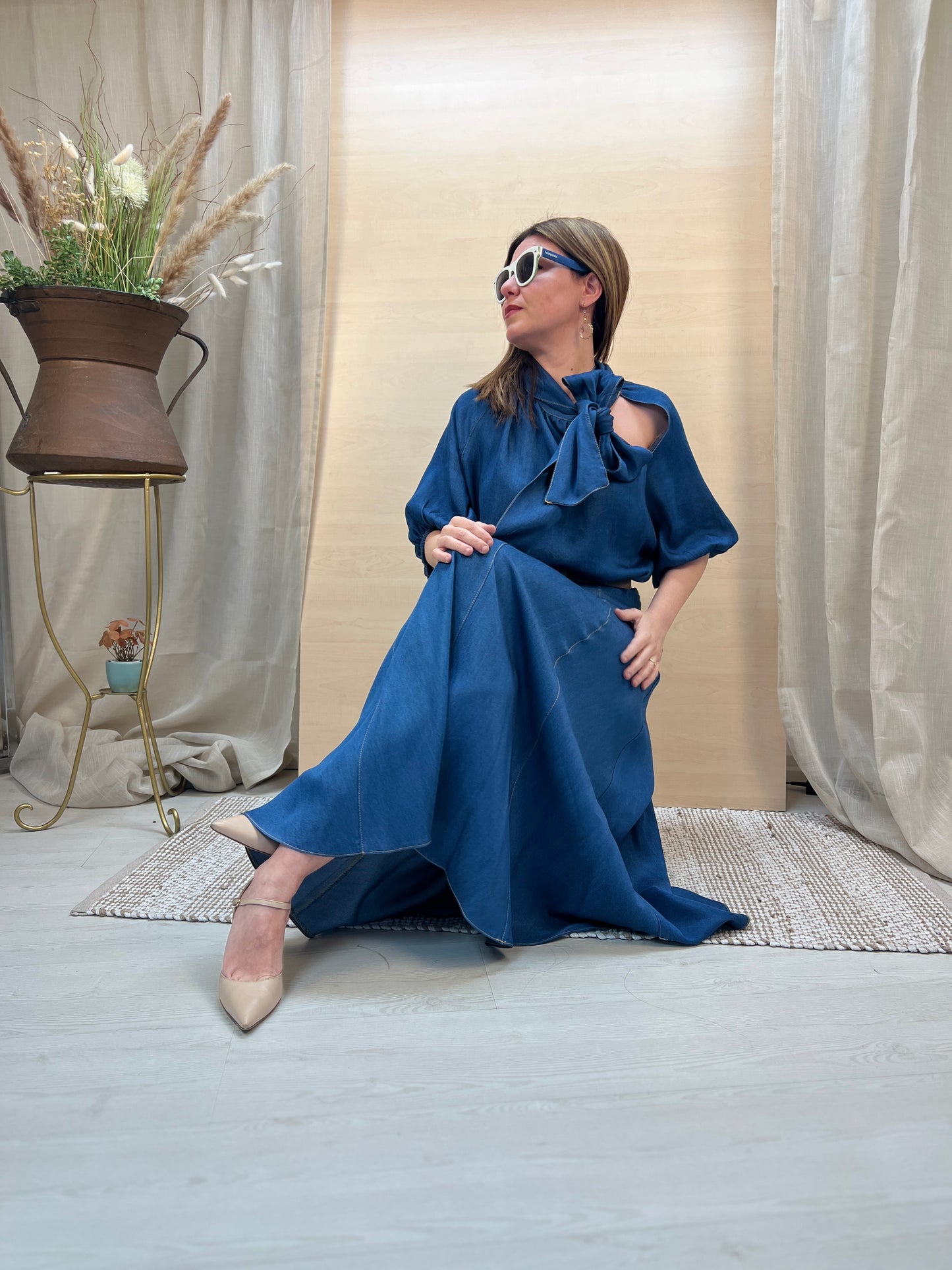 Blusa Donna PHARD in Chambray con Fiocco – Blu Denim Medio
