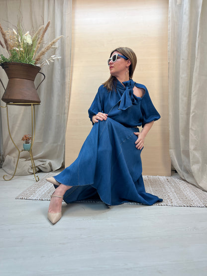 Blusa Donna PHARD in Chambray con Fiocco – Blu Denim Medio