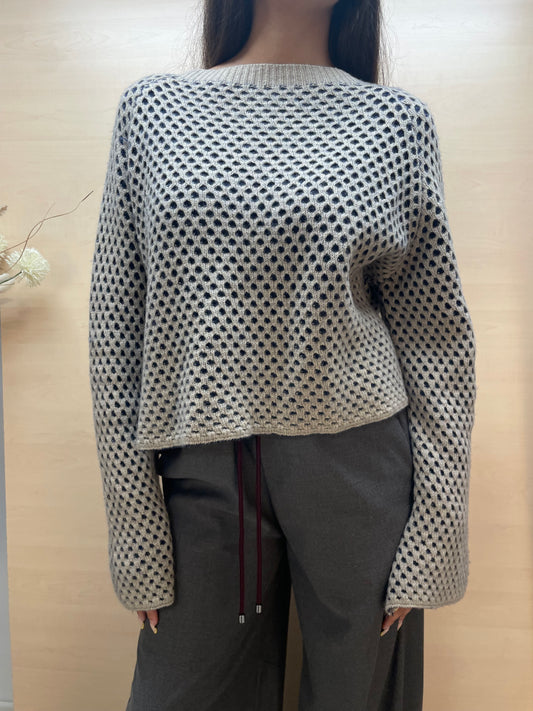 Maglione over traforata doppiata base blu e beige - in cashmere