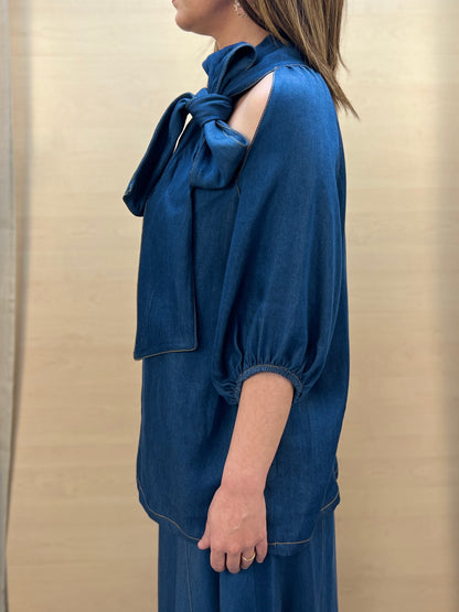 Blusa Donna PHARD in Chambray con Fiocco – Blu Denim Medio