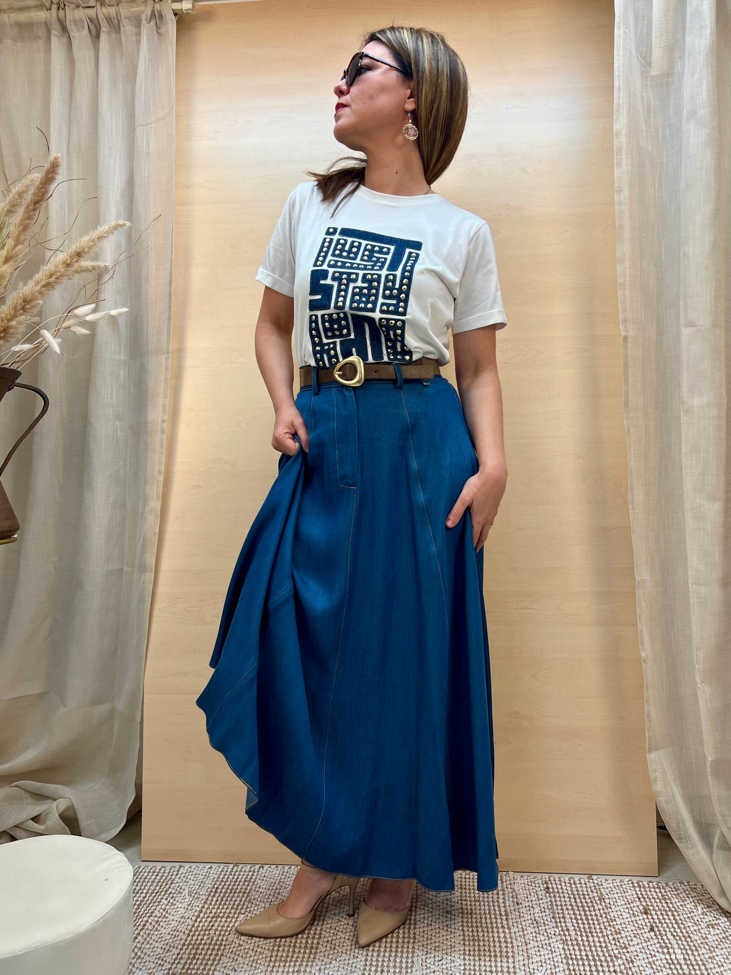 T-Shirt Donna PHARD con Applicazione in Chambray – Panna