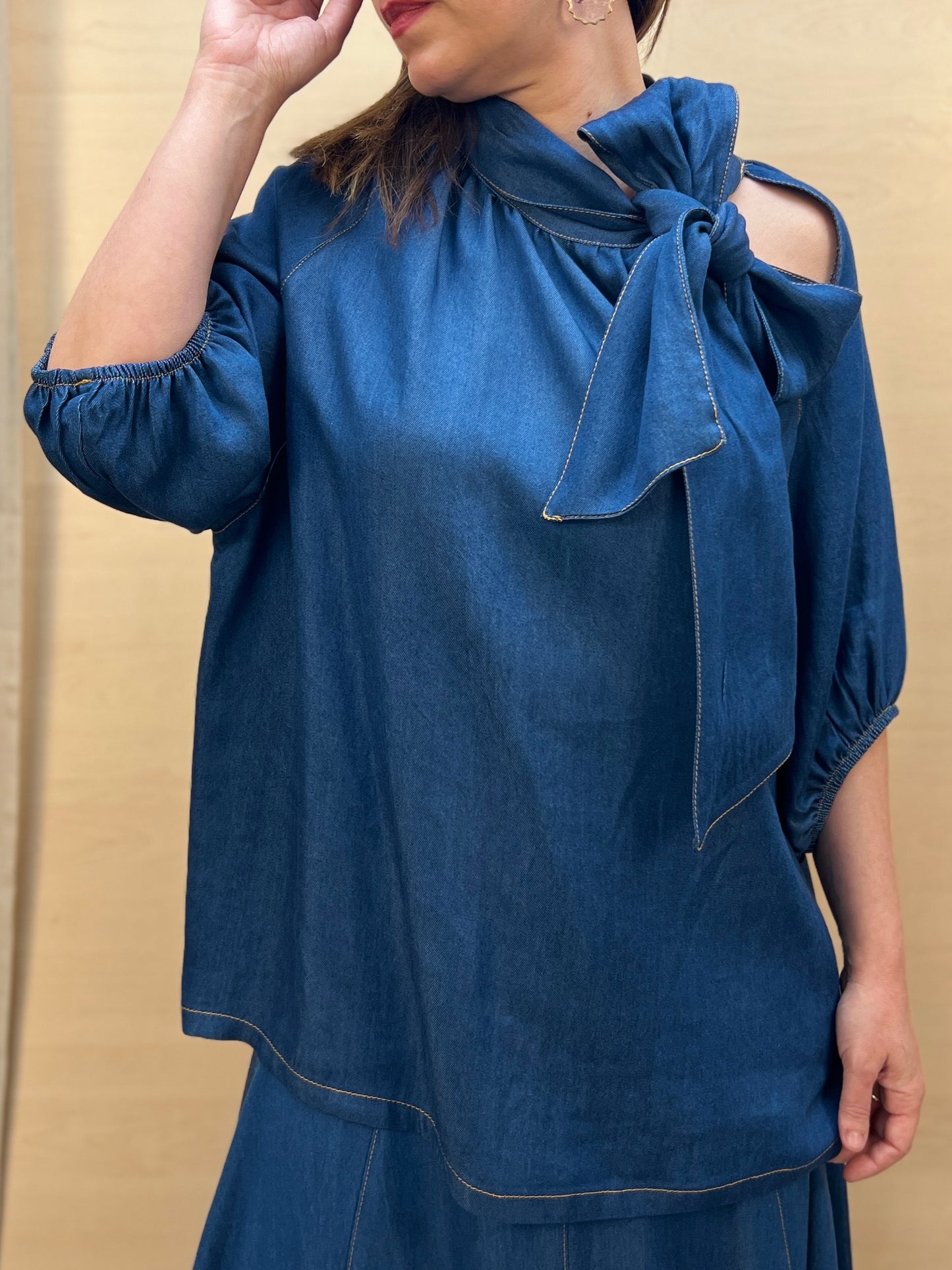 Blusa Donna PHARD in Chambray con Fiocco – Blu Denim Medio