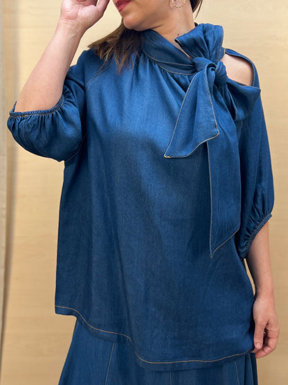 Blusa Donna PHARD in Chambray con Fiocco – Blu Denim Medio