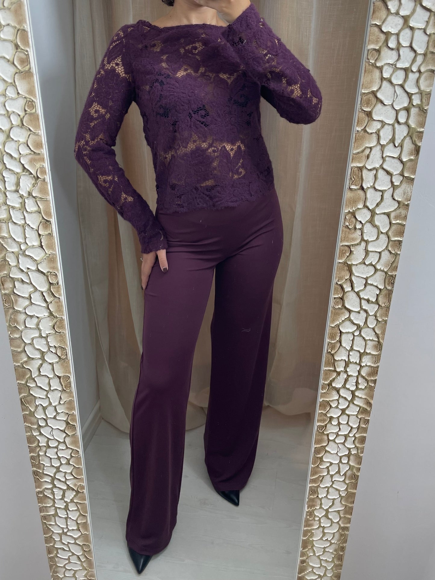Maglia Burgundy maniche lunghe - in pizzo