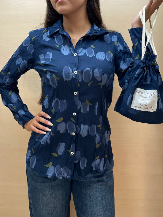 Camicia tulipani base Blu Navy - in cotone bio